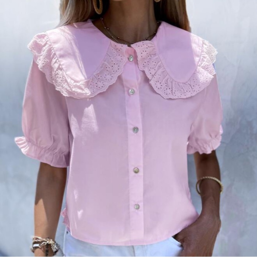 Zara Oversized Collar Button-Up Blouse Cottagecore Coquette Kawaii Eyelet Ruffle